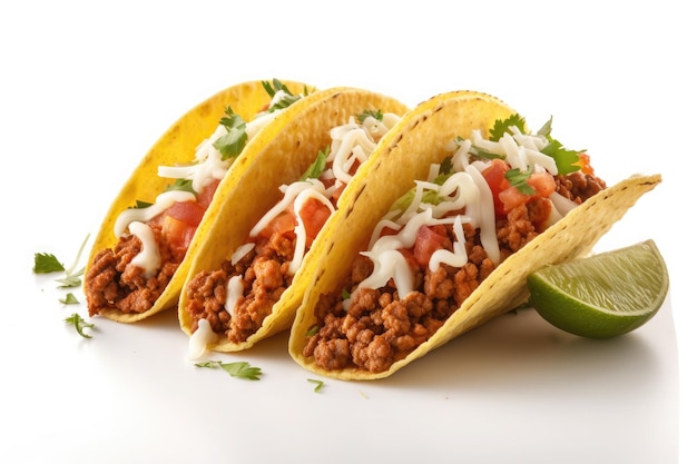 Tacos messicani tradizionali con carne e verdure isolati su sfondo bianco AI generativo