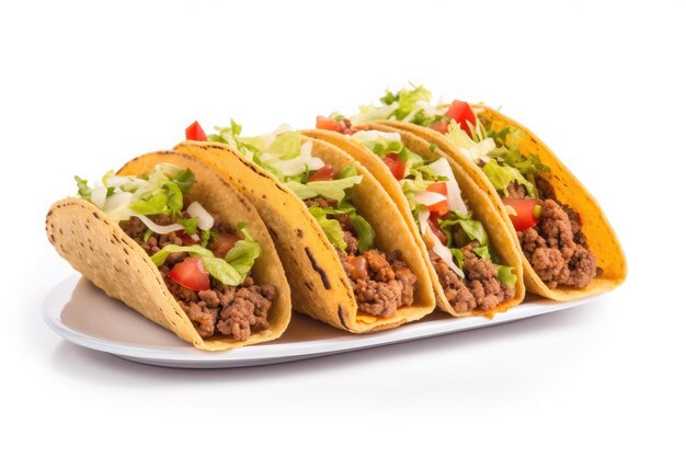 Tacos messicani tradizionali con carne e verdure isolati su sfondo bianco AI generativo