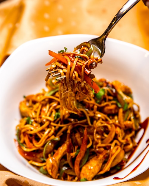 Tagliatella con il pollo in una vista laterale della ciotola