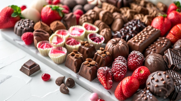 Tagliere di salumi dessert di San Valentino disposto ad arte con un assortimento di cioccolatini ca