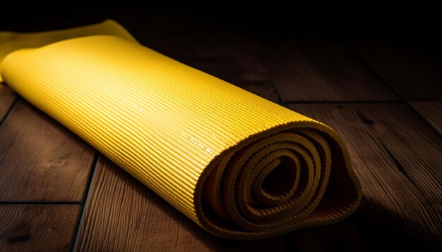 Tappetino per esercizi giallo arrotolato per lo yoga generato dall'intelligenza artificiale