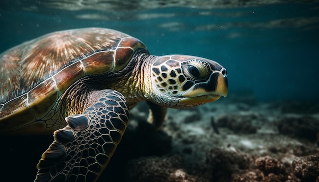 Tartaruga embricata che nuota nella barriera corallina multicolore generata dall'intelligenza artificiale