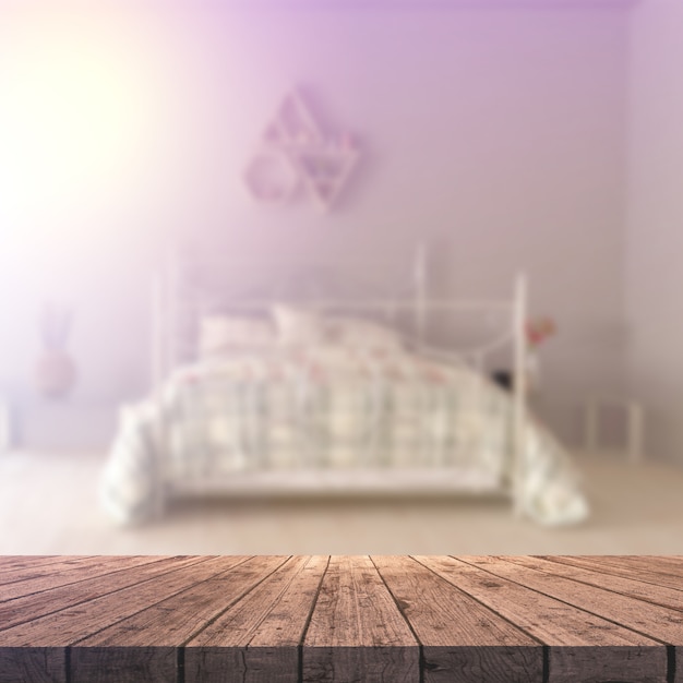 Tavola di legno 3D che guarda fuori ad un interno defocussed della camera da letto