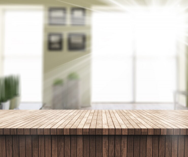 Foto gratuito tavola di legno 3d che guarda fuori ad un interno defocussed soleggiato della stanza