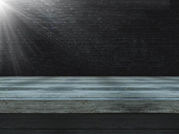 Tavola di legno 3D contro un vecchio muro di mattoni del grunge con il riflettore che splende