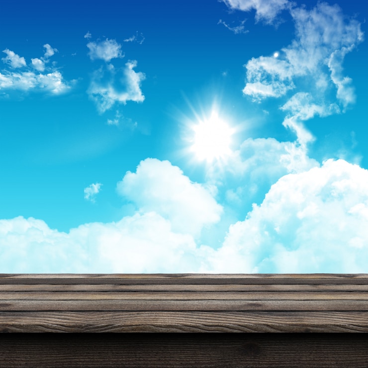 Foto gratuito tavola di legno rustica 3d che guarda fuori ad un cielo soleggiato blu