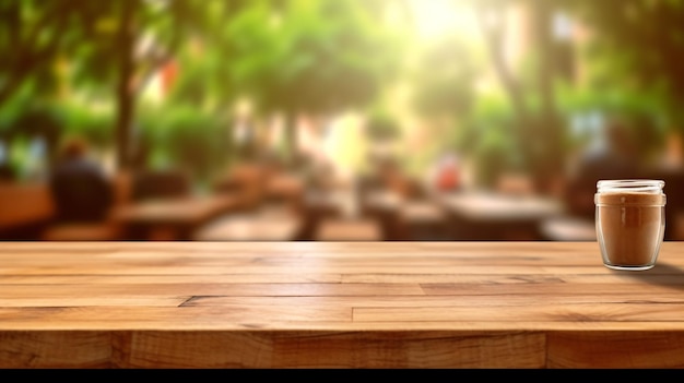 Tavola vuota di tavola di legno davanti a sfondo sfocato AI generativa
