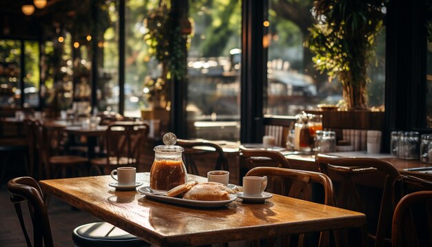 Tavolo da bar con sedia in legno, tazza da caffè e piattino generati dall'intelligenza artificiale