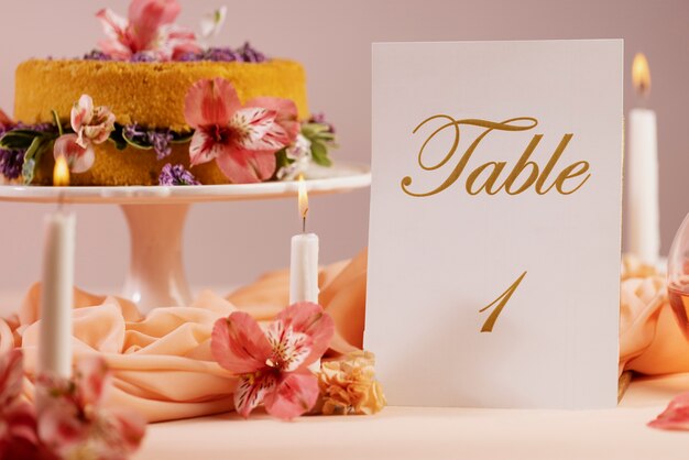 Tavolo da matrimonio con gustosa torta e carta