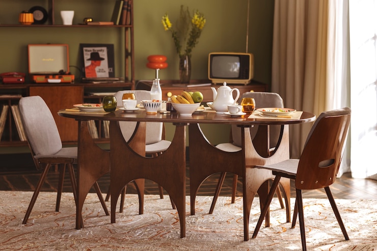 Foto gratuito tavolo dal design d'interni retrò con cibo