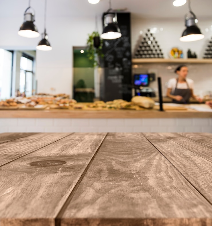 Foto gratuito tavolo di legno con scena di ristorante sfocata