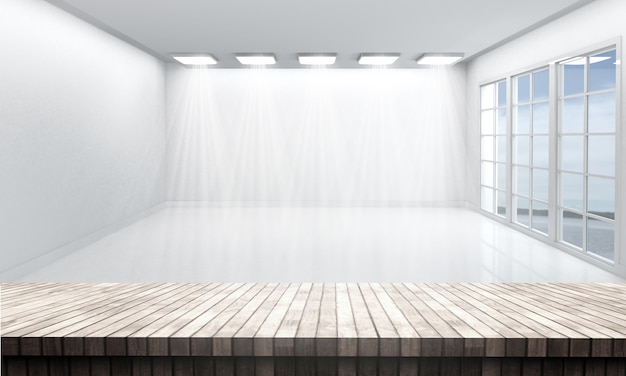 tavolo in legno che guarda verso una stanza bianca vuota
