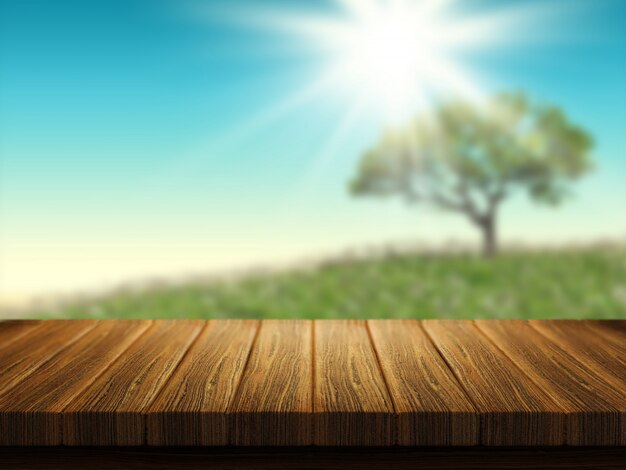 Tavolo in legno con albero paesaggio sullo sfondo