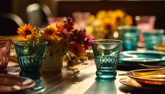 Tavolo in legno con vaso drink e decoro generato da AI