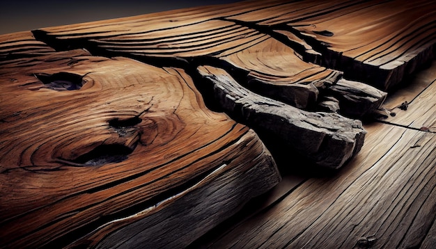 Tavolo in legno rustico su una scogliera erosa che domina la foresta generata dall'intelligenza artificiale