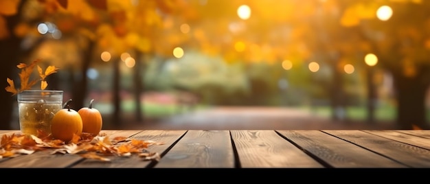 Tavolo in legno vuoto nel giardino dell'autunno sfondo sfocato