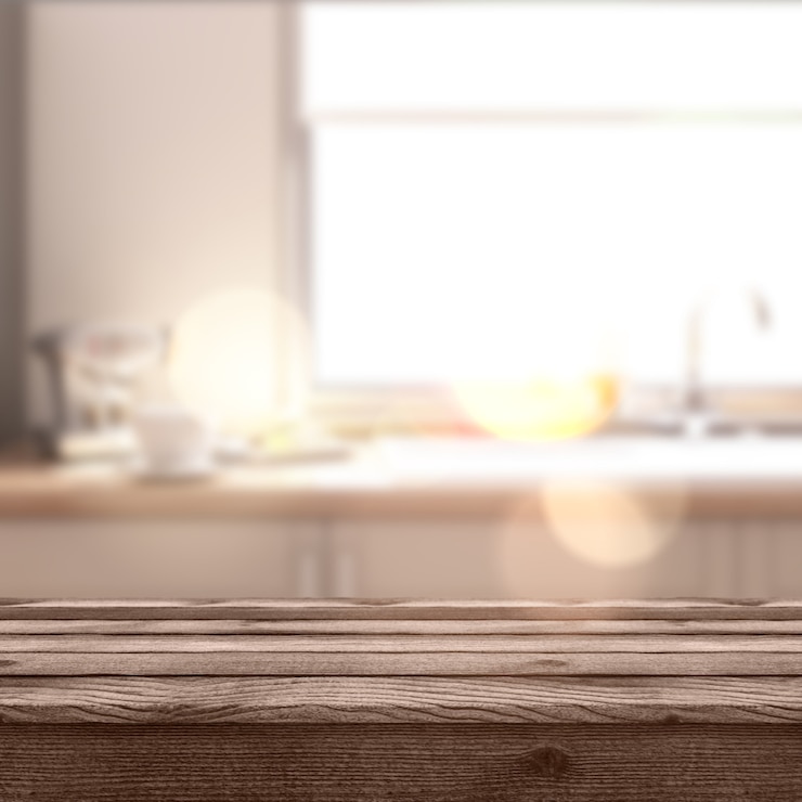 Foto gratuito tavolo rustico 3d che si affaccia su una moderna sala defocussata