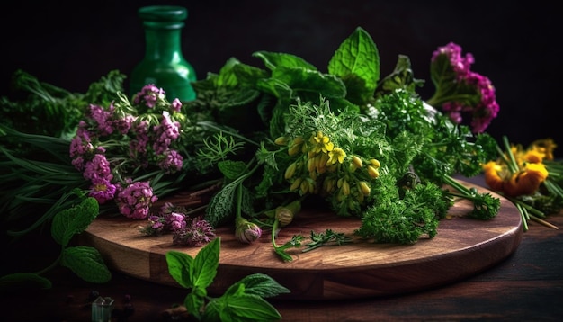 Tavolo rustico adornato con bouquet di erbe fresche generato da AI