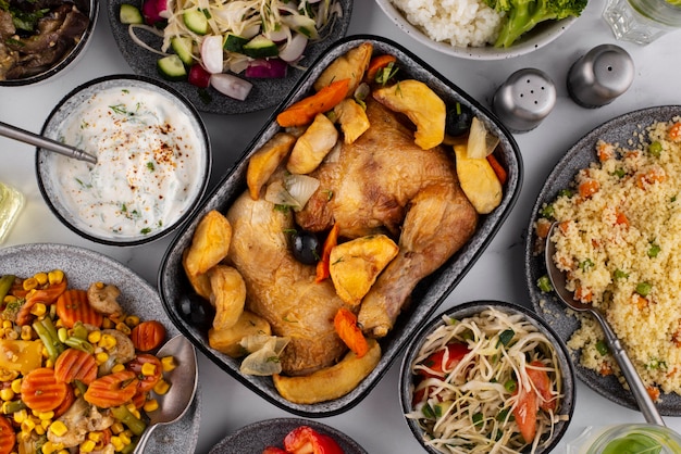 Tavolo vista dall'alto pieno di deliziosa composizione alimentare