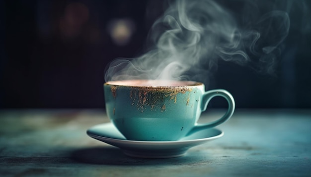 Tazza da caffè scura sul tavolo in legno vapori generati dall'intelligenza artificiale