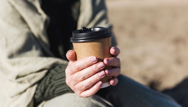 Tazza di caffè della holding della donna del primo piano