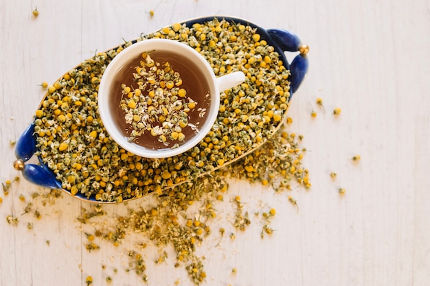 Tazza di tè in piedi su chamomiles