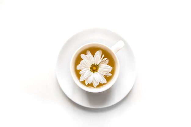 Tè del primo piano con il fiore della camomilla isolato su white