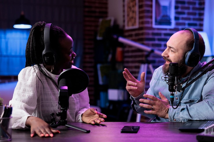 Foto gratuito team eterogeneo di influencer che creano contenuti del canale su podcast, filmano vlog per i social media. l'uomo e la donna moderni registrano uno spettacolo di episodi sulla fotocamera, una conversazione in diretta.