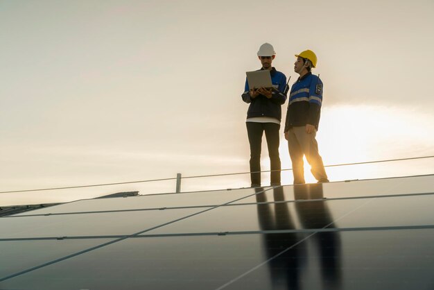 Tecnico specializzato Ingegnere professionista con laptop e tablet Controllo della manutenzione Installazione del pannello solare sul tetto della fabbrica sotto la luce solare Sondaggio del team di ingegneri Controllo del tetto del pannello solare