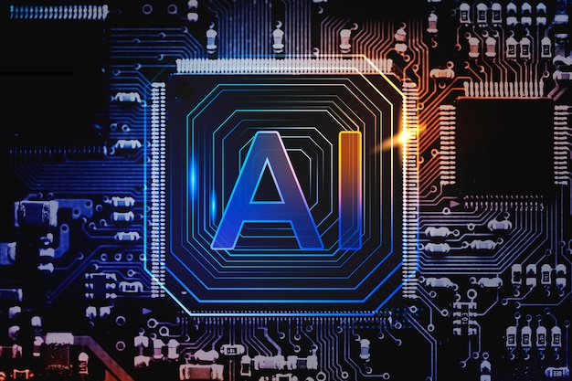 Tecnologia AI microchip sfondo futuristico innovazione tecnologia remix