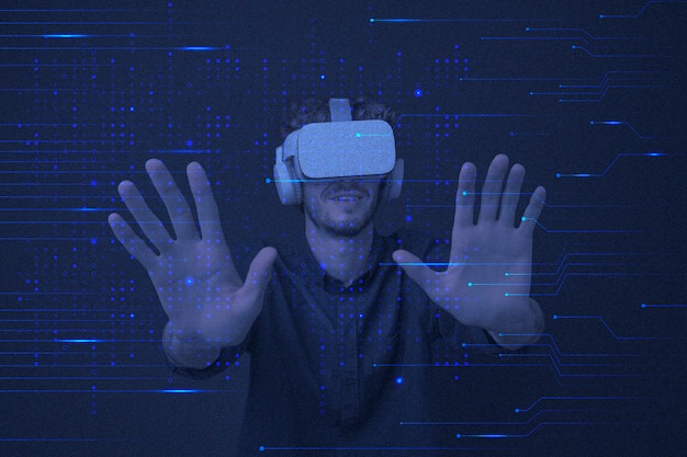 Tecnologia di intrattenimento VR sfondo in linee di circuito blu remixati media