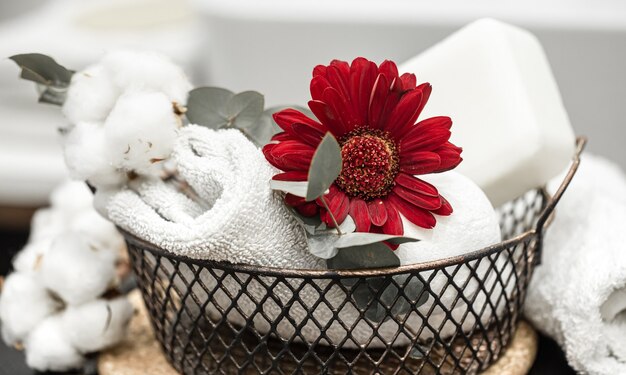 Telo da bagno e bomba da bagno e fiore rosso. Concetto di igiene e salute.