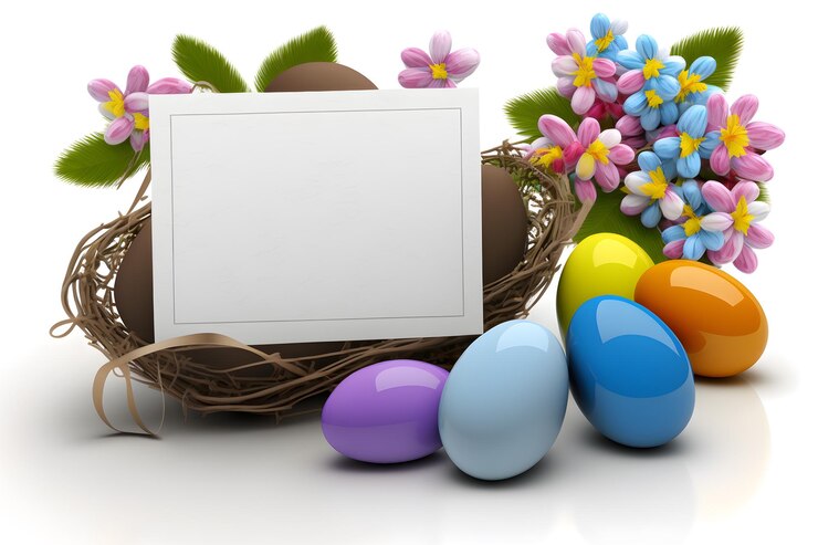 Tema di Pasqua con carta vuota un nido e uova colorate e fiori su sfondo bianco