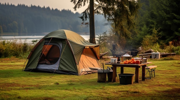 Tenda allestita con pentole da cucina a terra per il campeggio