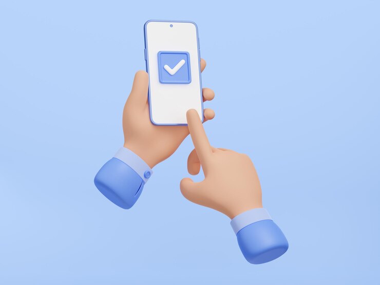 Foto gratuito tenere le mani sul cellulare e fare clic sul segno di spunta