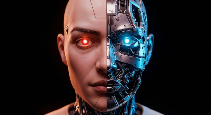 Foto gratuito testa di cyborg con caratteristiche umane e robotiche