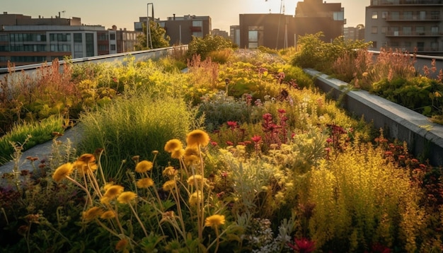 Testa di fiore giallo in prato al tramonto IA generativa