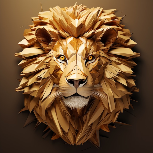 Testa di leone in oro 3D dall'aspetto accattivante con lunga criniera