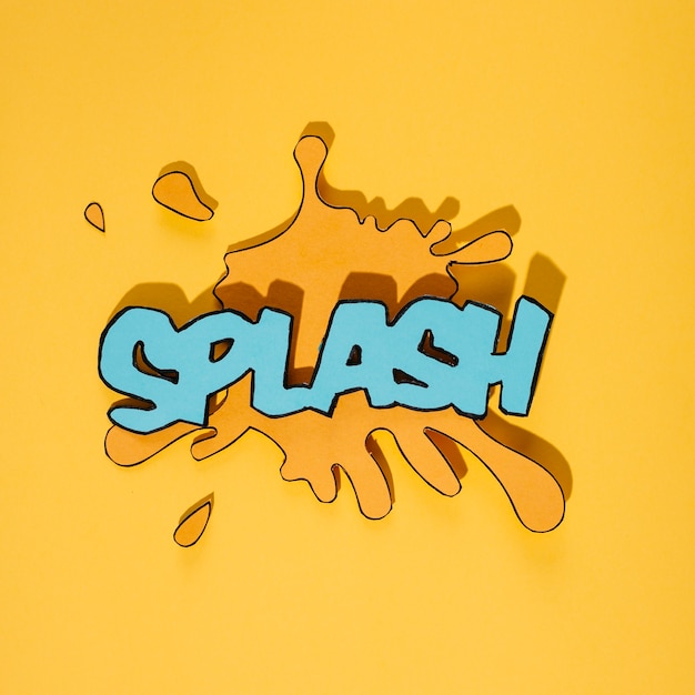 Testo di splash blu su macchia su sfondo giallo
