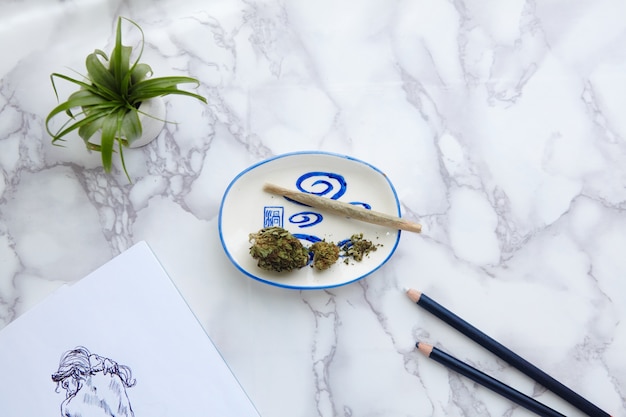 THC CBD Marijuana joint e fiori sul portacenere con illustrazione di nudo sul foglio da disegno