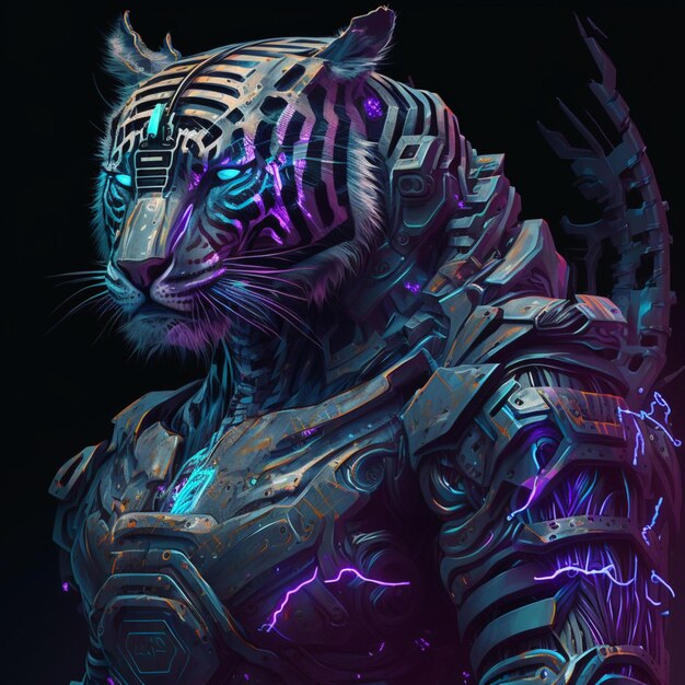 Tigre con disegno cyborg su sfondo nero