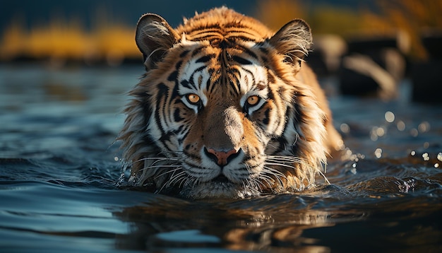 Tigre maestosa che fissa la bellezza selvaggia nel riflesso della natura generato dall'intelligenza artificiale