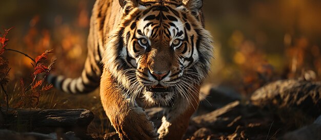 Tigre siberiana che corre nella foresta Scena della fauna selvatica dalla natura