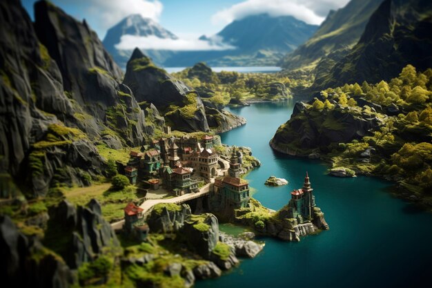 Tilt shift paesaggio fantasy medievale