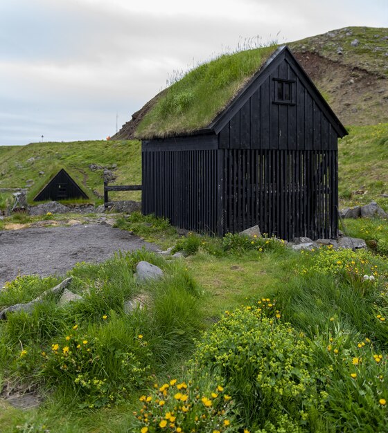 Tipico villaggio di pescatori islandese con case dal tetto d'erba e stendini per l'essiccazione del pesce