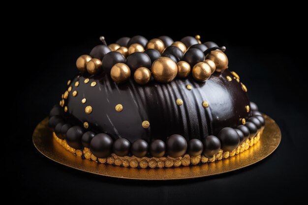 Torta al cioccolato fondente decorata con palline dorate su sfondo nero Ai generativo