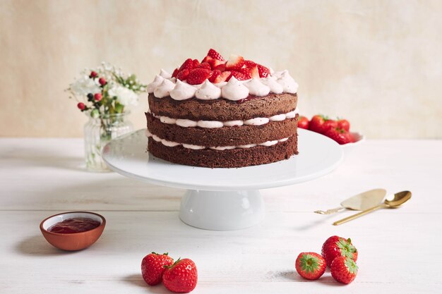 Torta deliziosa e dolce con fragole e baiser su un piatto