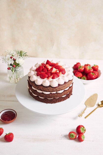 Torta deliziosa e dolce con fragole su un piatto