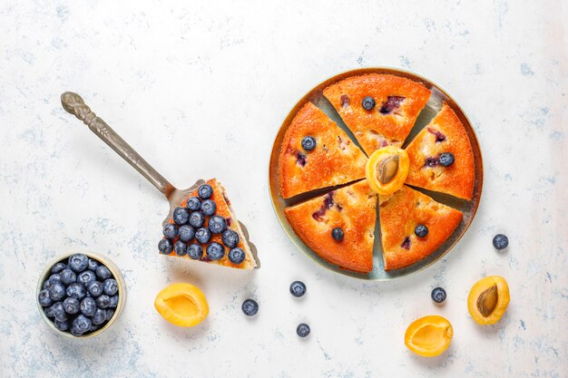 Torta di albicocche e mirtilli con mirtilli freschi e frutti di albicocca.