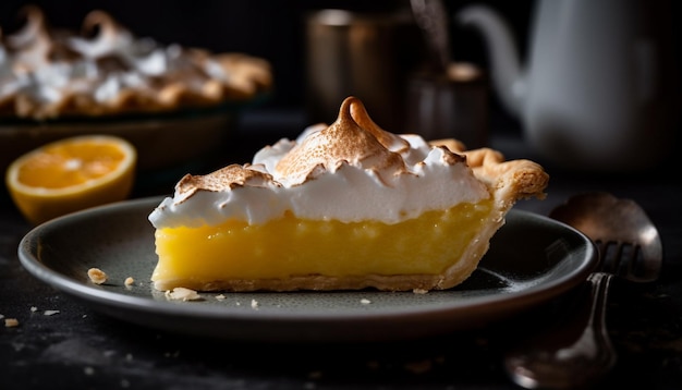 Torta di formaggio gialla appena sfornata sulla tavola di legno rustica generata da AI